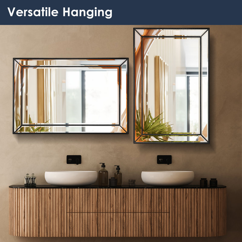  Jorden 24x36 Black Metro Beaded Glass Framed Vanity Accent Mirror, 36" x 24"