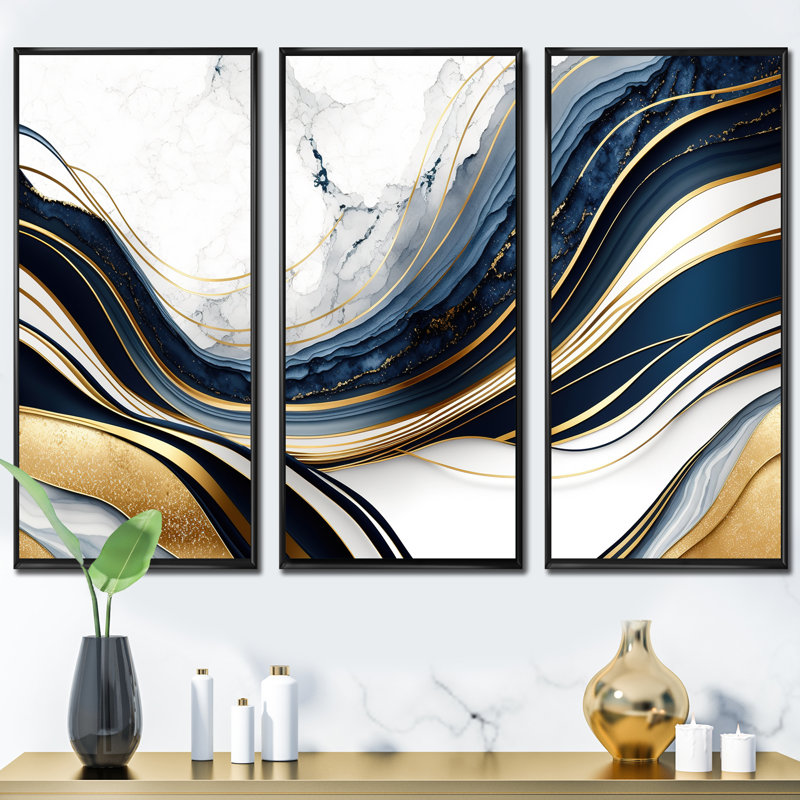 «Abstract Geode Waves Blue and Gold III», reproduction de 3 pièces, Cadre flottant noir, H 28 po x l 36 po x P 1 po