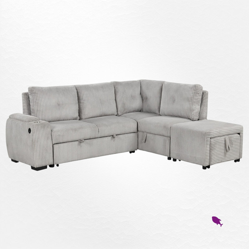 Canapé-lit modulaire rembourré avec repose-pieds et rangement, Velours côtelé gris pâle