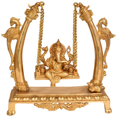 10" Lord Ganesha Brass Statue on Swing Jhula - Handcrafted Hindu Temple Idol for Home Decor