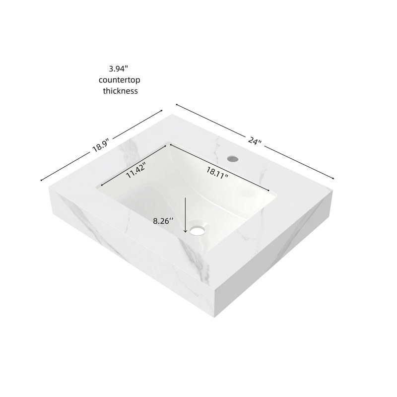 Durable Sintered Stone Countertop with Undermount Ceramic Basin and Pre-Drilled Faucet Hole, Carrara White