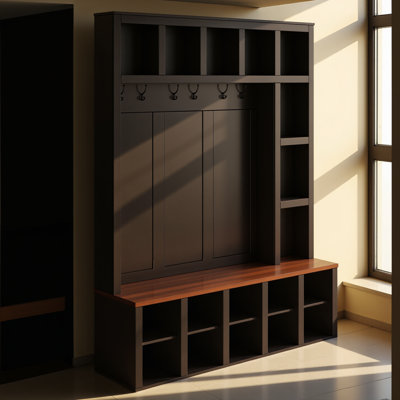 Farmhouse hall tree with 6 hooks, walnut bench with adjustable shelves, 4-in-1 entryway shoe cabinet with cubbies, black, 76.7-inch tall
