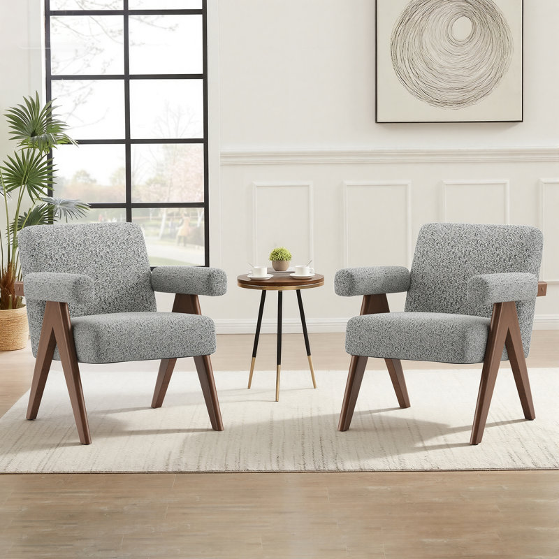 Mid - Century Modern Upholstered Accent Chair with Wooden Frame, Gray