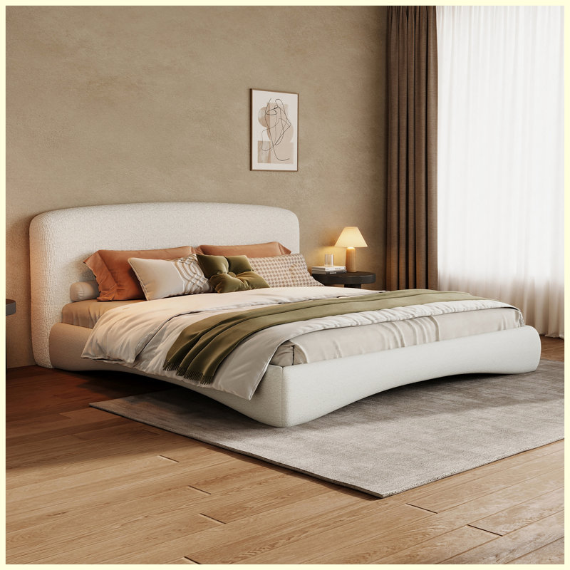 Grand lit tapissier courbé crème avec éclairage ambiant intelligent, Grand lit