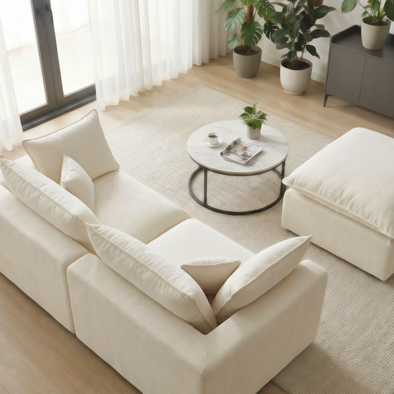 Canapé modulaire Cloud en forme de L, canapé 2 places sans os avec repose-pieds et siège profond, sans assemblage, blanc