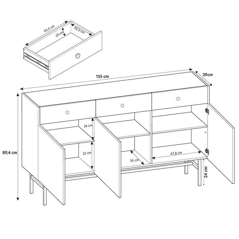 155cm Sideboard, Black