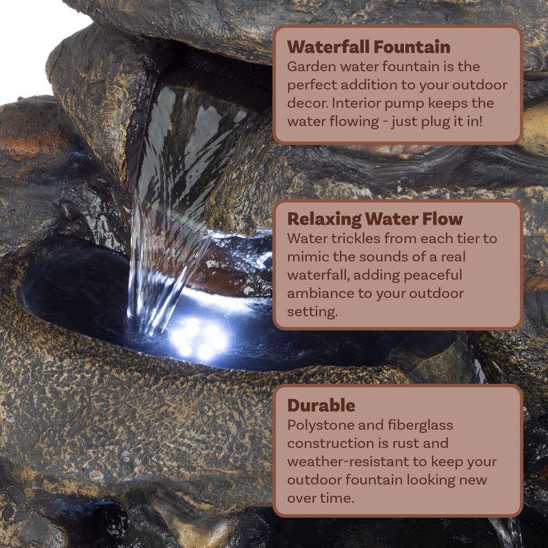 Faux-Stone Waterfall Decor With LED Lights - Natural-Looking Porch and Patio Outdoor Decor
