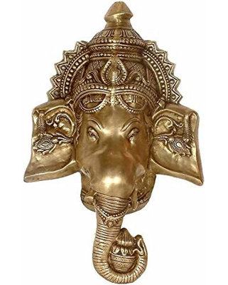 Handcrafted Brass Ganesha Wall Hanging Mask, 24.5 in. tall     Hindu Deity Sculpture for Foyer & Meditation Room