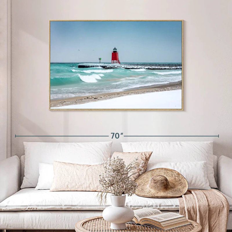 Vue du phare de Charlevoix, Cadre flottant en bois naturel, 46 po x 31 po