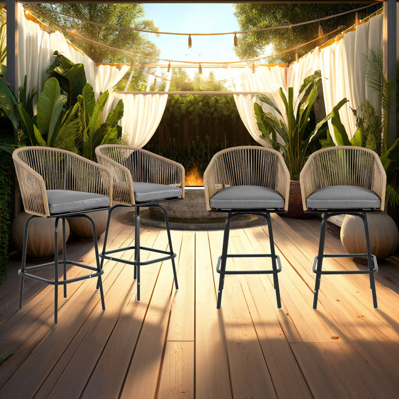 Tabourets de bar 4 pièces pour l'extérieur avec accoudoirs, chaises de patio avec structure en acier et rotin PE tissé, Gris