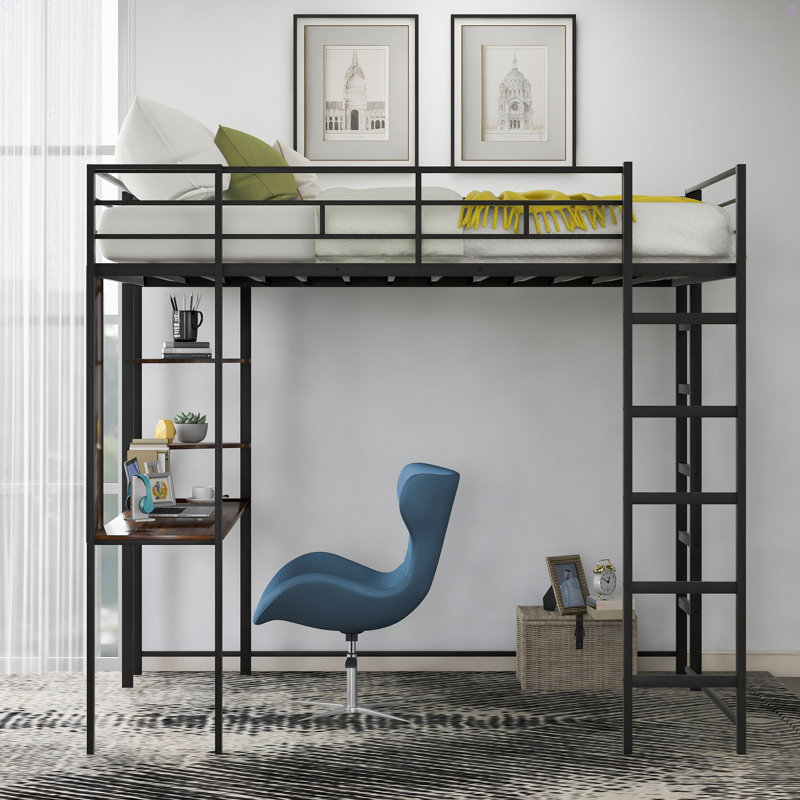 Metal Loft Bed With 2 Shelves And One Desk, Black