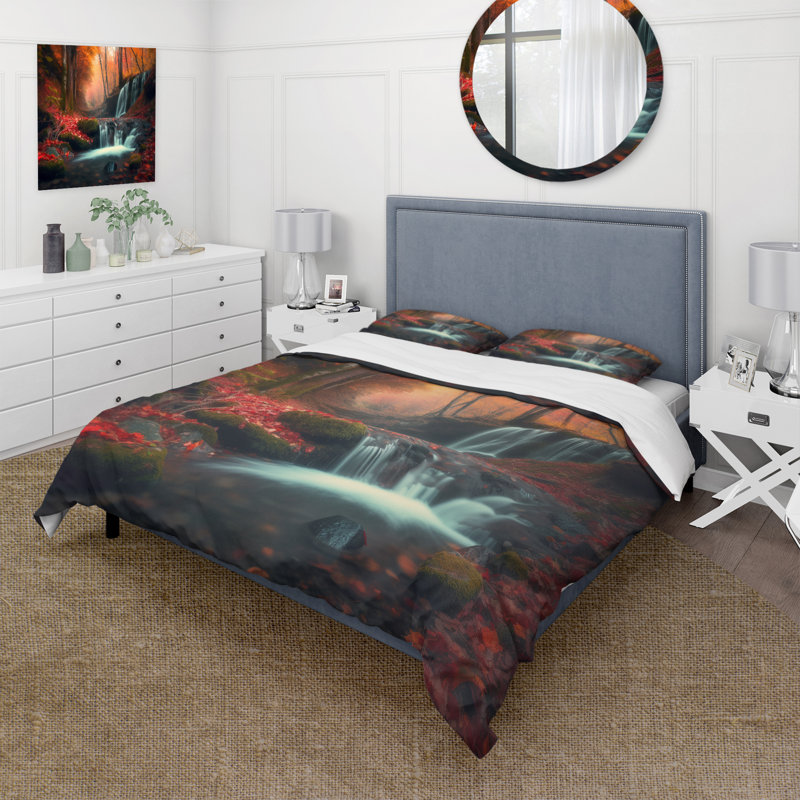 Waterfall In Fall Forest I - Ensemble de housse de couette Mountains - Microfibre de polyester