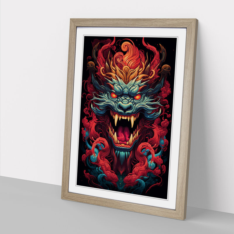 Chinese Dragon Geometric No.2 - Single Picture Frame Print on Wood, Oak , 64cm H x 46cm W x 2cm D