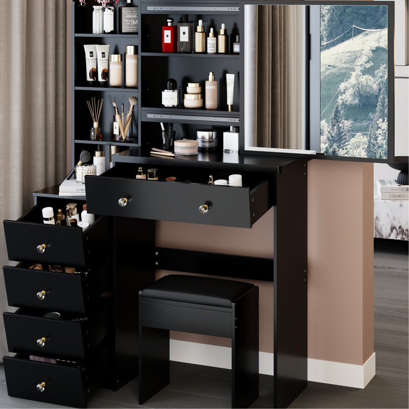 37" Vanity Table And Cushioned Stool , 24X22 Sliding Mirror, Multi-Layer Storage, American Style, Black For Medium Areas With Medium