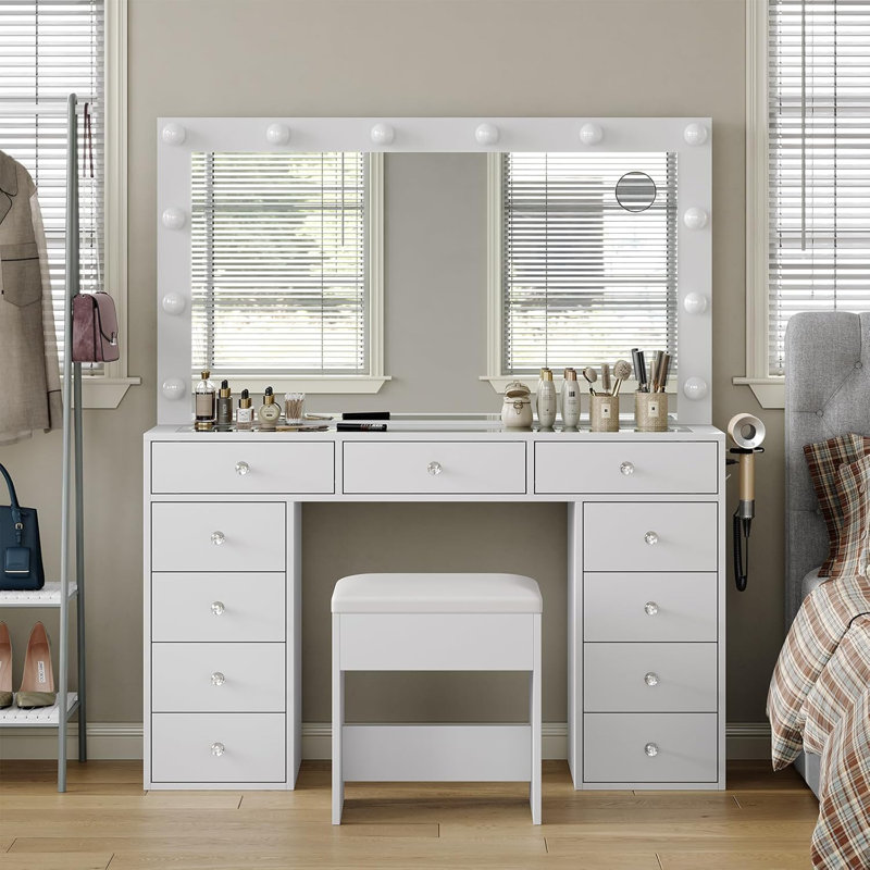 Vanity Desk with Illuminated Mirror & Power Outlet, 11 Drawers Vanity Table with Chair, Makeup Vanity with 12 LED Lights, Tempered Glass Top, Dressing Table for Bedroom,Dressing Room