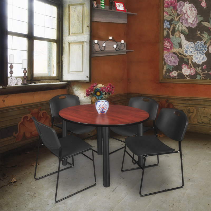 Plateau de table Niaya, 4 chaises empilables, Noir, Cerisier