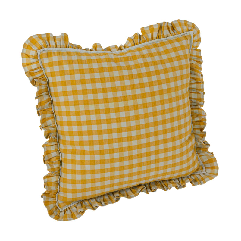 Mustard Gingham Ruffle Cotton Pillow, White