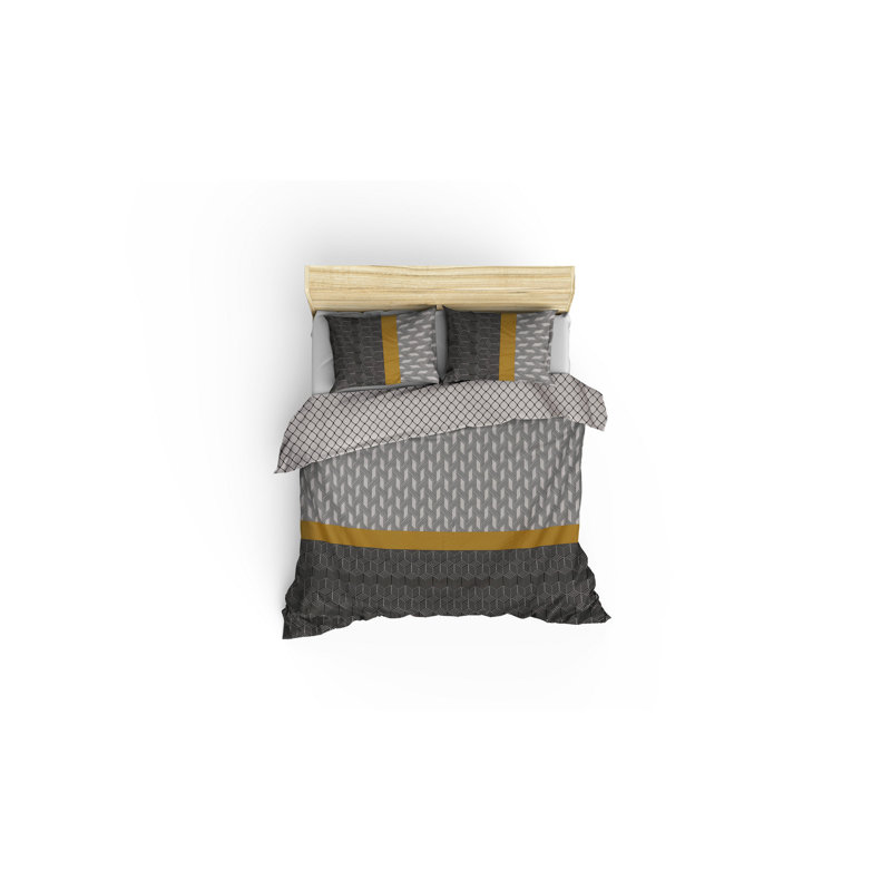 Ensemble de housse de couette 100% coton noir / jaune, Housse de couette 94 po x 87 po + 2 taies d'oreill