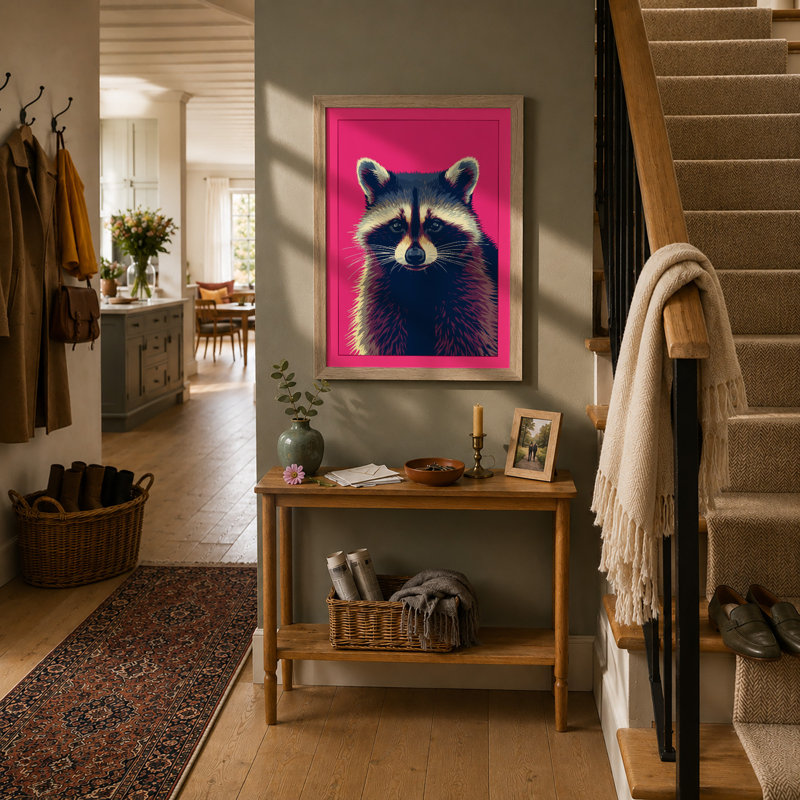 Raccoon Portrait Modern - Framed Print, A1 - 84.1 x 59.4 cm, Oak