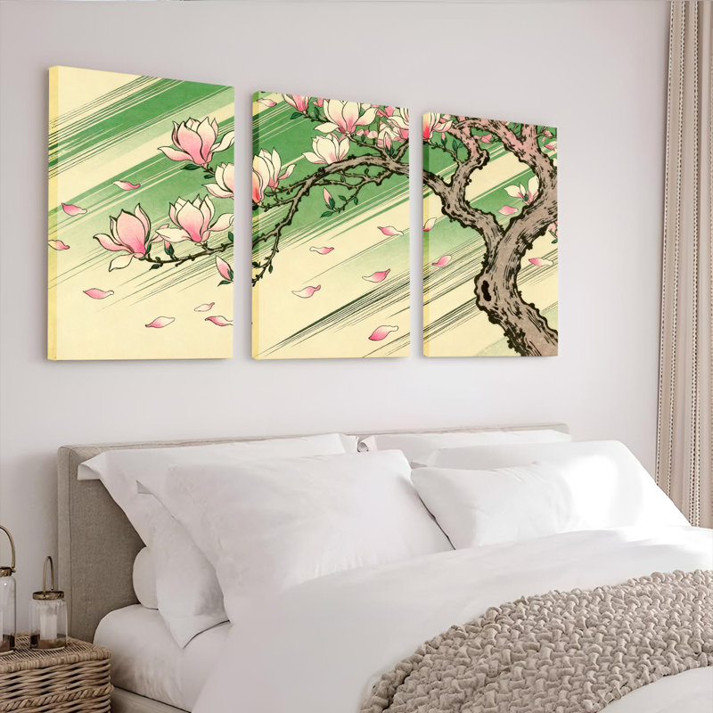 Ensemble de 3 tableaux muraux sur toile représentant un magnolia en fleurs, H 24 po x l 48 po
