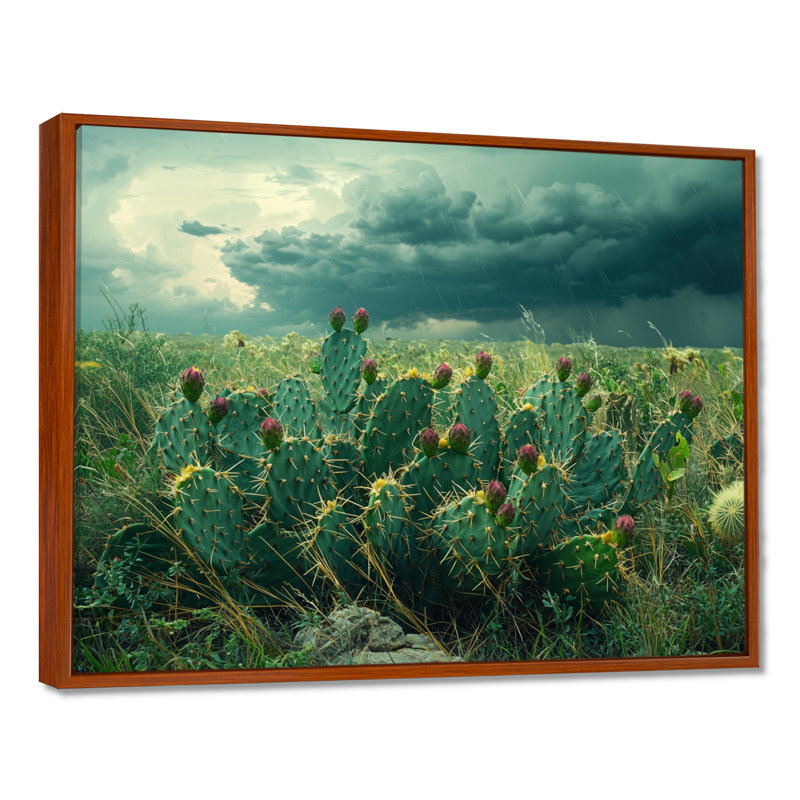 Décoration murale cactus et la tempête du désert - cactus, H 34 po x l 44 po, Cadre flottant, Brun