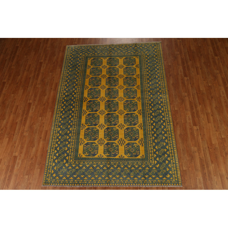 Tapis jaune / vert en laine noué à la main de conception unique 6 pi 8 po x 9 pi 5 po New Age