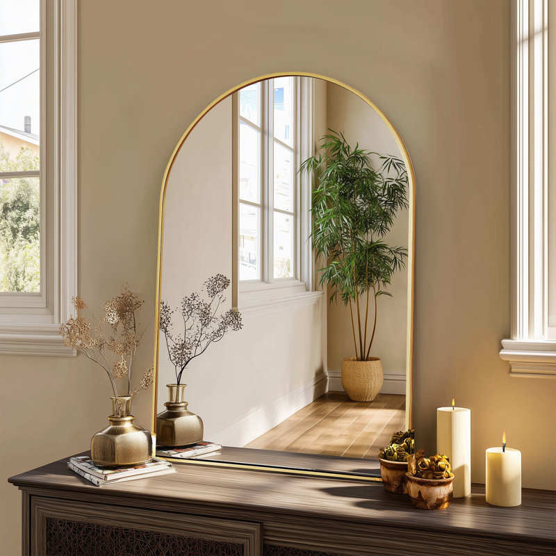 Aluminum Framed Arched Wall Mounted Bathroom Vanity Mirror, Gold, 38" x 26"