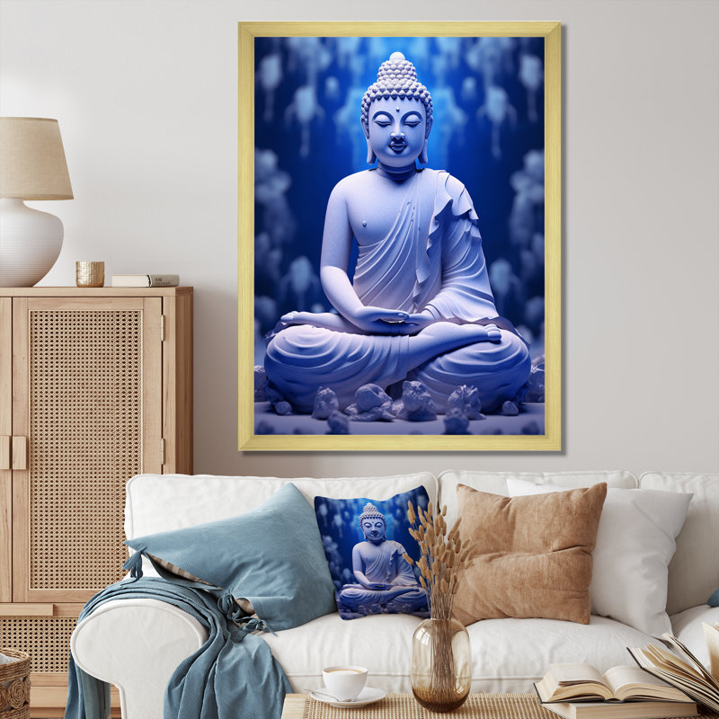 Reproduction sur toile, "Blue Medication Buddha Meditation", Cadre doré simple, H 44 po x l 34 po x P 1,5 po