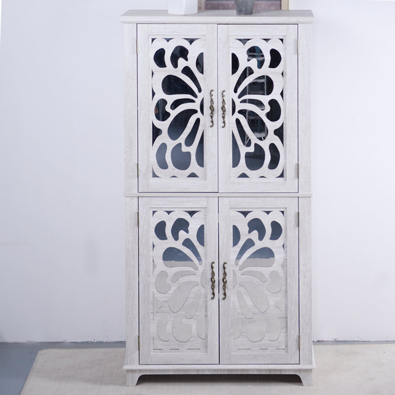 Buffet présentoir avec 4 portes en miroir et armoire de rangement à tablettes réglables, Gris clair