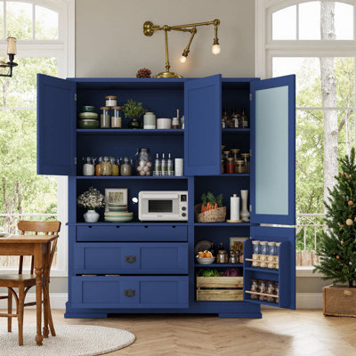 Large Freestanding Kitchen Pantry Cabinet With Hutch Adjustable Shelves And Storage Drawers