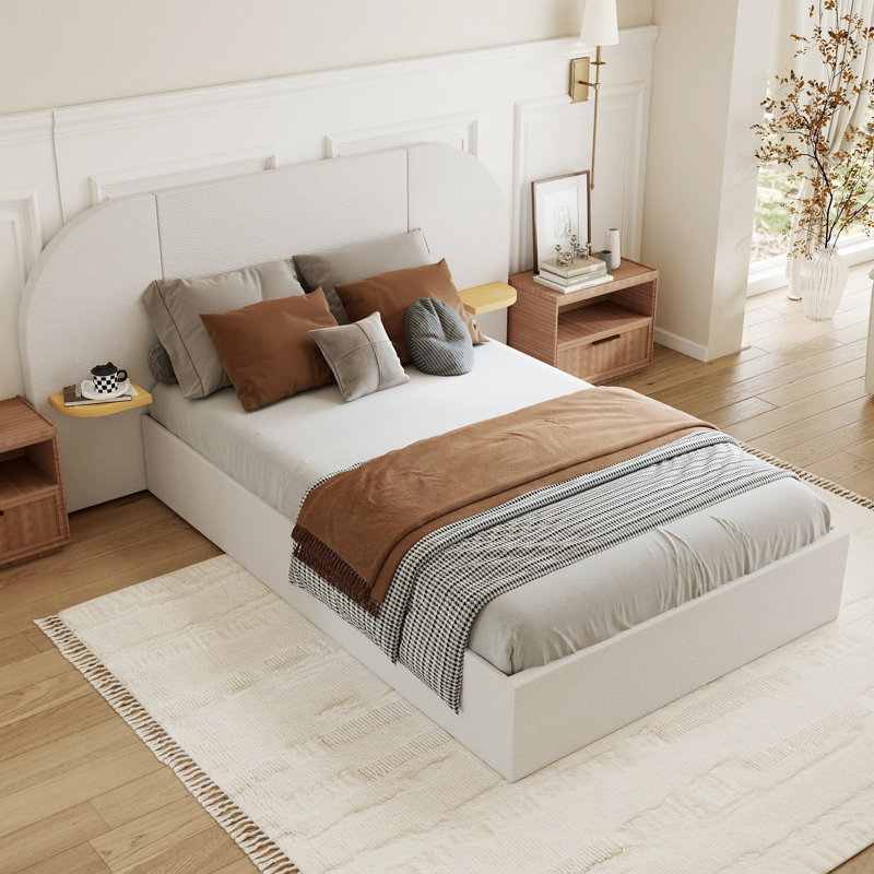 Upholstered Platform Bed Frame with 2 Floating Shelves, Queen