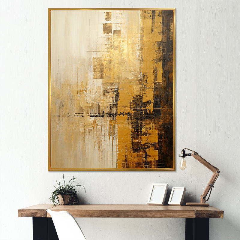 «Modern Cityscape Skycraper Golden Blocks I», reproduction sur toile, Cadre photo noir, H 32 po x l 24 po