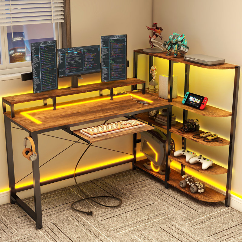 Caseyleigh L-Shaped Metal Base Computer Desk with Power Outlet, Brown/Black