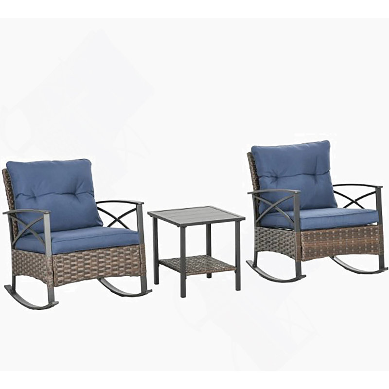 Ensemble à bascule, ensemble de conversation d'extérieur en osier avec chaises berçantes, table et coussins, Marine