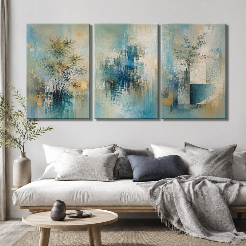 Tableau mural en 3 panneaux, motif abstrait texturé bleu sarcelle et or, imprimé sur toile tendue, 12*18inch*3