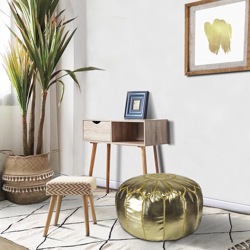 Leather Pouf, Gold Genuine Leather