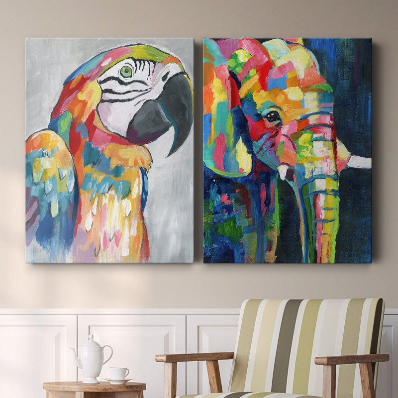 «Vibrant Parrot», ensemble de 2 reproductions d'impressions, H 12 po x l 16 po x P 1 po, Toile tendue, Pas de tapis