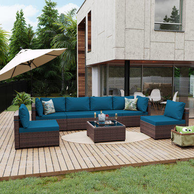 7-Piece Outdoor Rattan Seating Set with Cushions by Ebern Designs