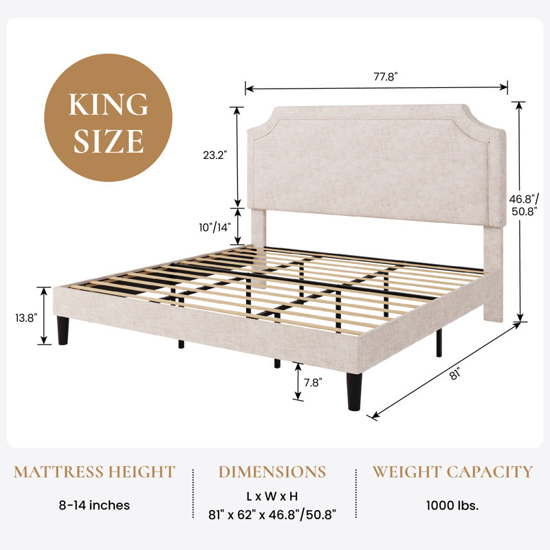 Modern Upholstered Platform Bed Frame With Adjustable Headboard, Beige, King