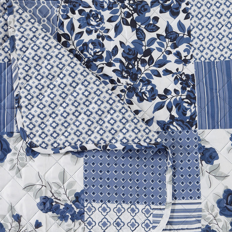 Navy Patchwork Reversible Scalloped Sofa Protector