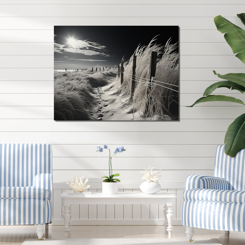 Horizon de plage noir et blanc - art mural grande plage côtière, H 34 po x l 44 po x P 1,5 po, Toile tendue