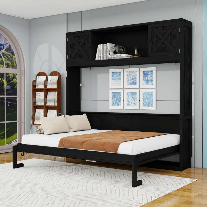 Lit escamotable double avec tablettes de rangement, Beige, Full