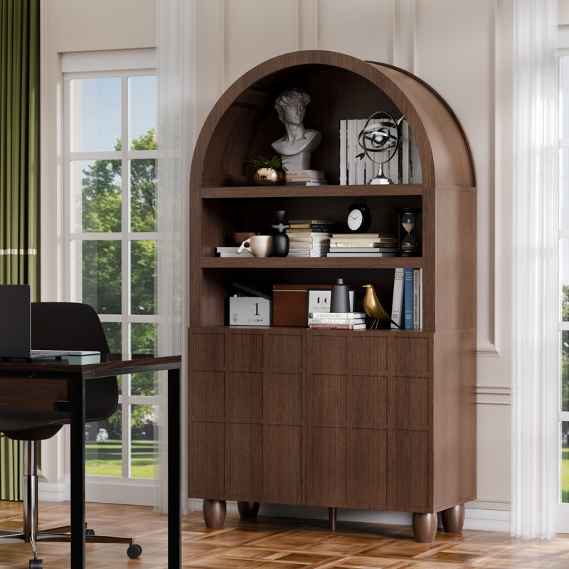 Arched Storage Cabinet With Hidden Sliding Doors, Modern Accent Cabinet With Raised Panel Design