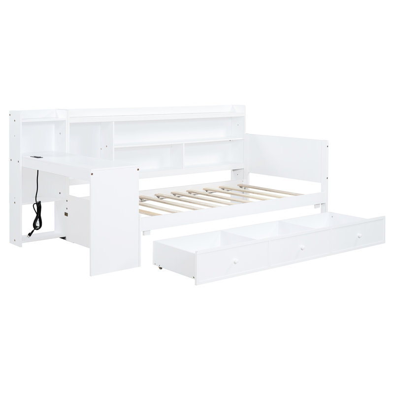White Twin-Size Wooden Daybed With 3 Drawers & Desk - Pine For A Peaceful Sleep Twin Long-Lasting Build, Drawers, And Bedroom Use