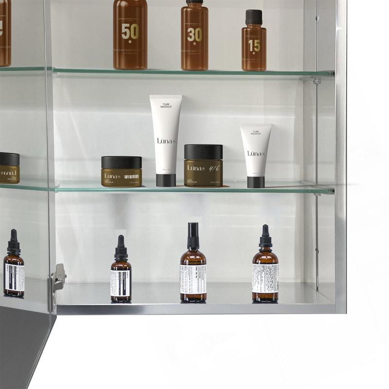 Pharmacie en aluminium 20 po x 26 po avec miroir, fixation en surface ou encastrée, charnières à fermeture en douceur et tablettes réglables