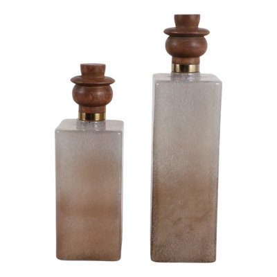 Modern Artisan Bottle Glass Vase for Office or Home Decor - Contemporary Tall Flower Vase Display for Kitchen Table - Set of 2, 13", 15", Ivory & Brown