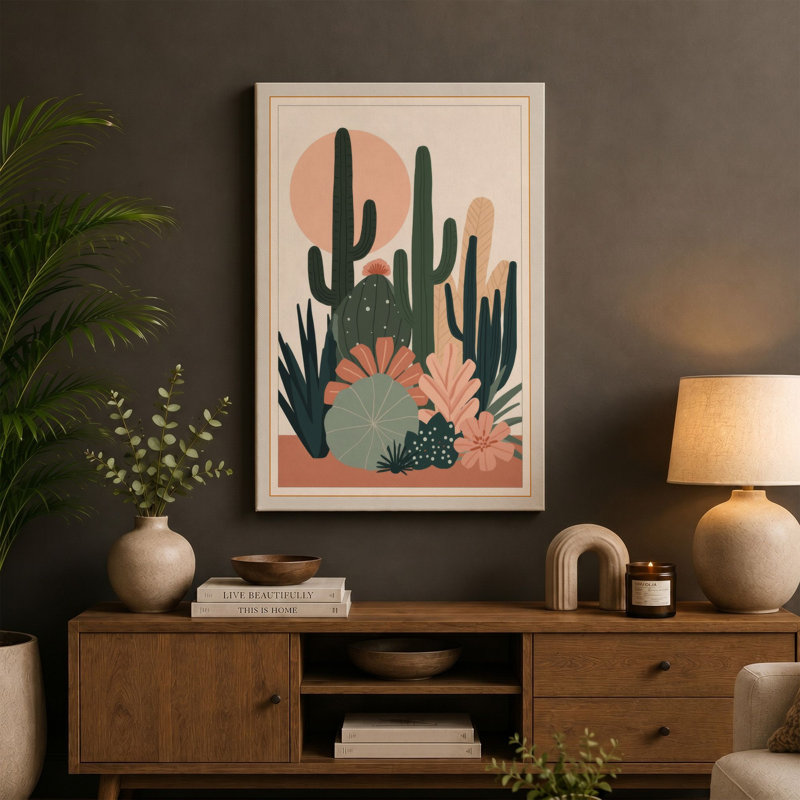 Desert Bloom Botanical - Wrapped Canvas, 36x24 - 91.4 x 61.0 cm, Teal Border