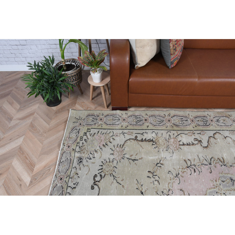 Grand grand tapis turc vert en laine Anatolian rétro idéal pour les espaces de salon avec un motif Oushak délavé et des motifs colorés