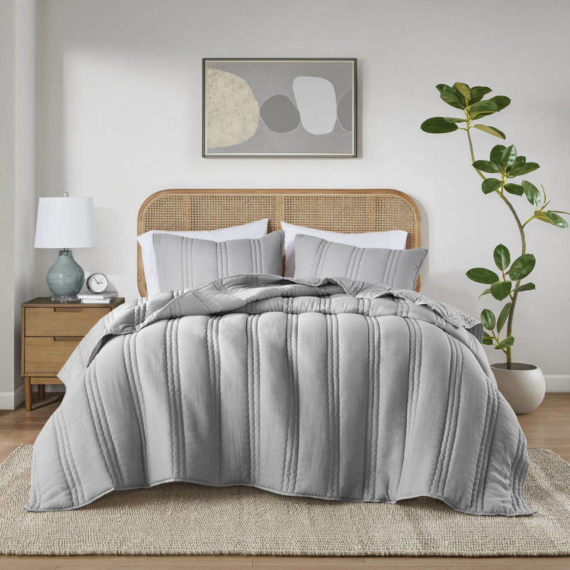 3 pièces de courtepointe en gaze pour très grand lit / très grand lit en gris, rembourrée, rainurée avec effet froissé, Gris
