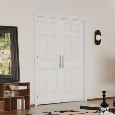 Slab Double Doors - 6 Panel Hollow Core Interior Door With Handle, Hinges, Latch & Lock Set, Lightweight And Paintable Design